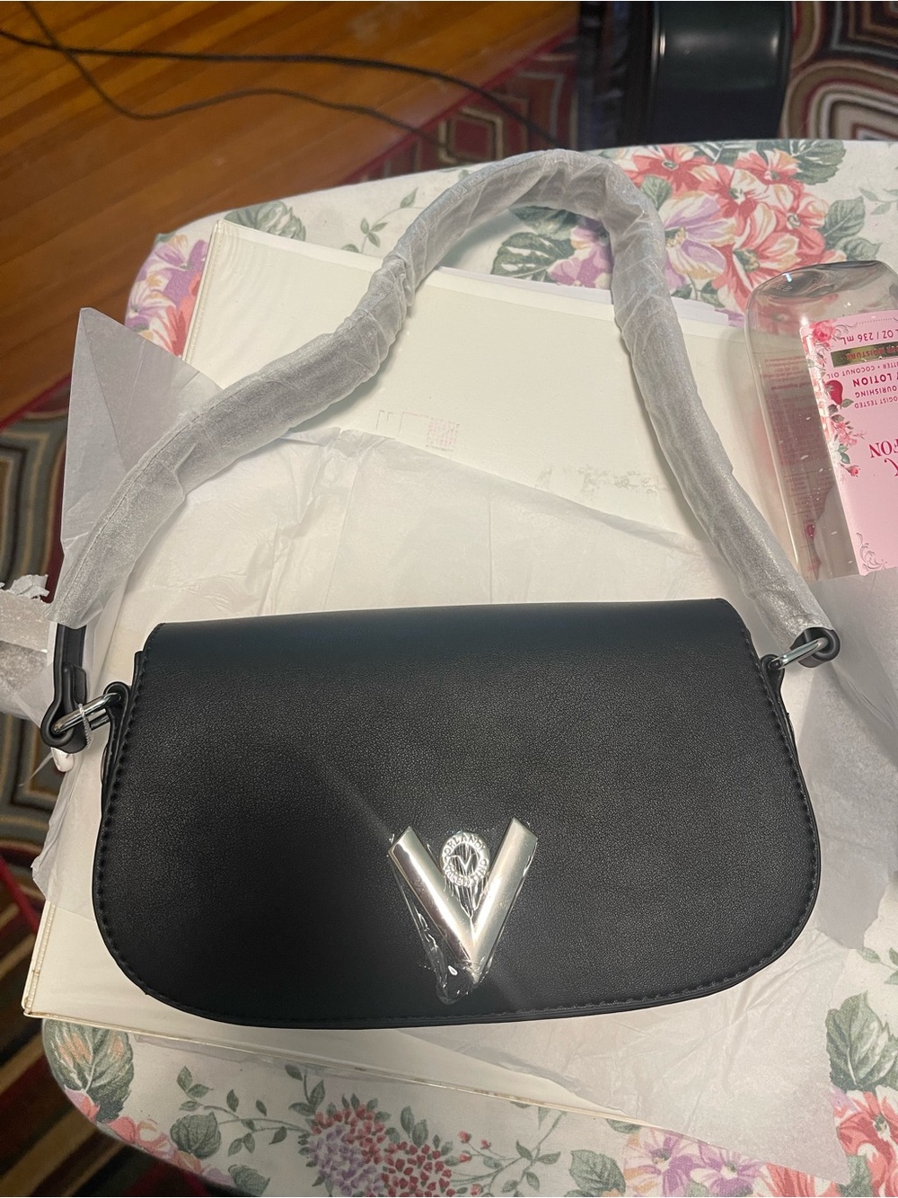 Valentino Orlandi Black Shoulder Bag with Silver V Accent
